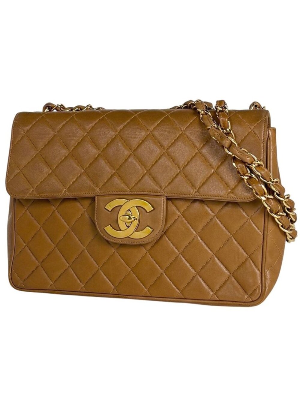 Chanel Maxi Quilted Single Flap Chain Shoulder Bag CC Logo Leather Brown